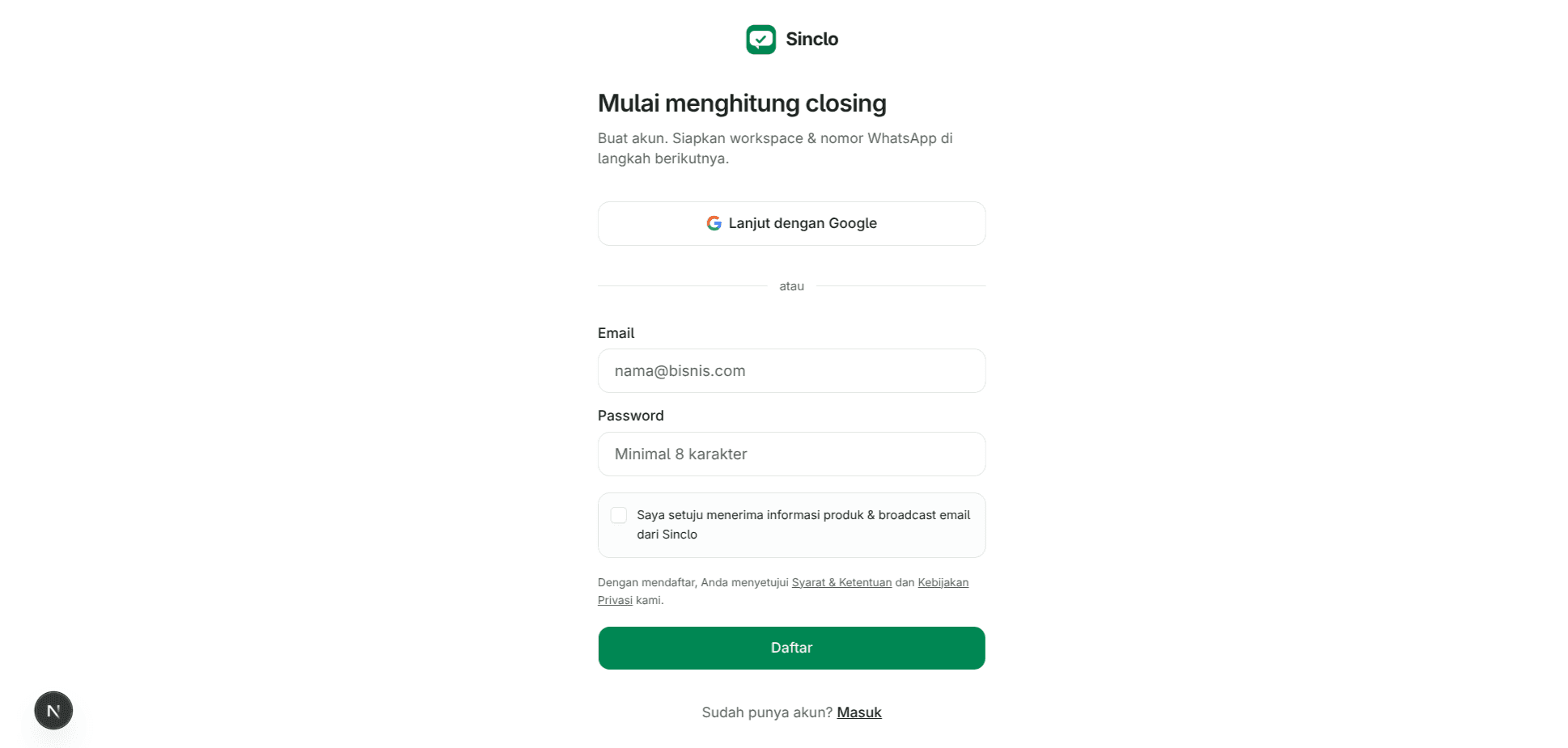 1 — Daftar dengan email dan password